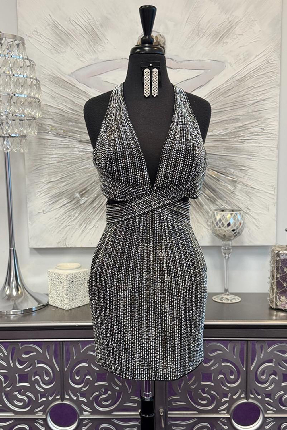 Sparkly Black Beaded Cut Out Short Homecoming Dress