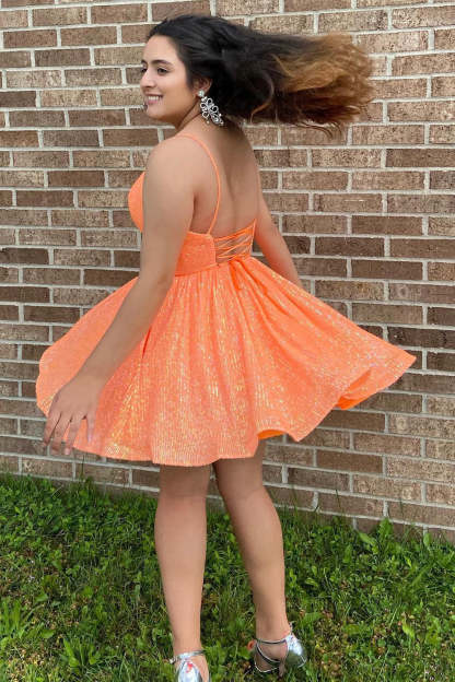 Sparkly Orange Sequins A-Line Short Homecoming Dress with Pockets