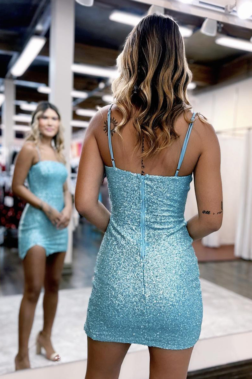 Sparkly Blue Sequins Tight Short Homecoming Dress with Slit