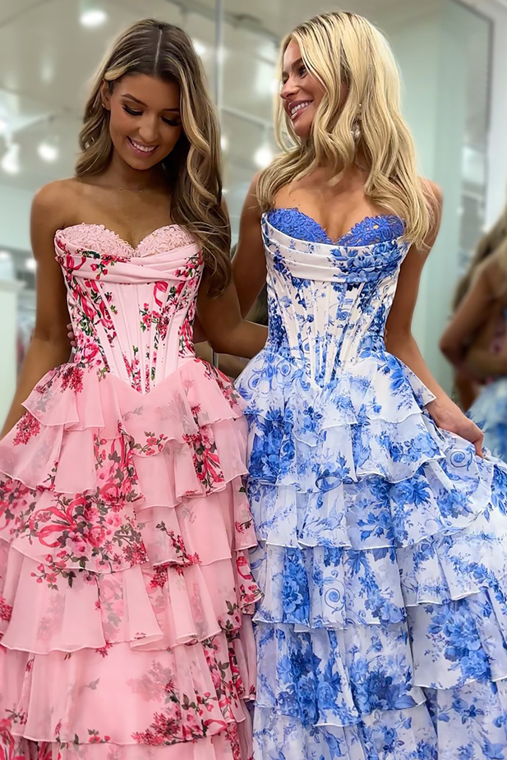 White Blue Flower Tiered Sweetheart Corset Long Prom Dress