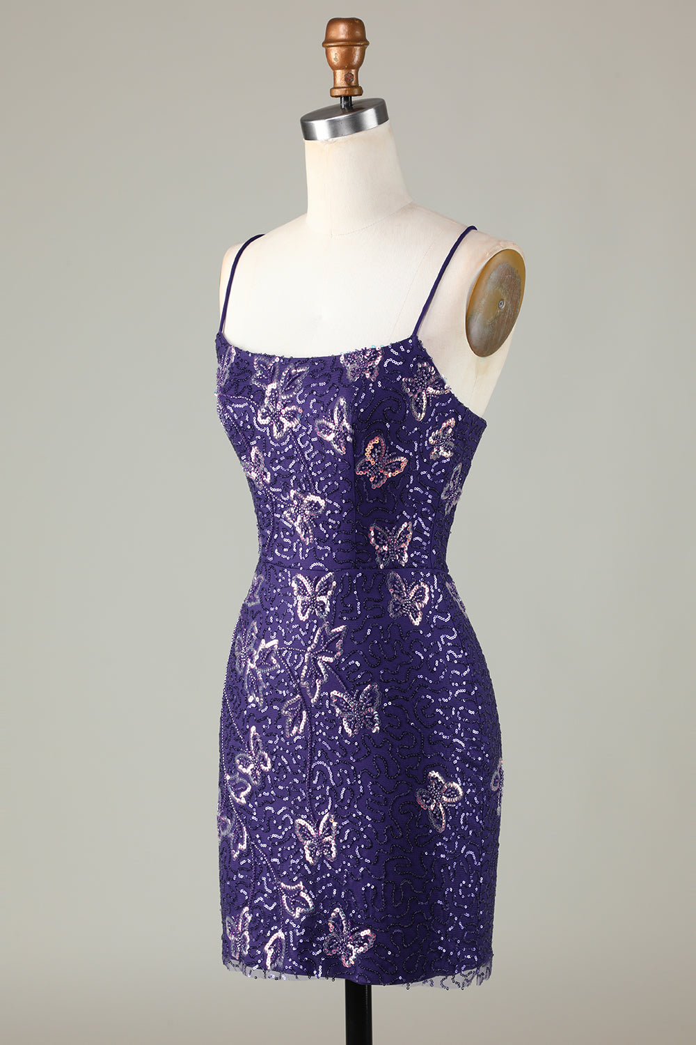 Glitter Purple Beaded Sequins Tight Short Butterflies Homecoming Dress