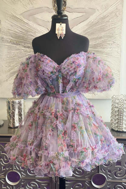 Purple Floral Off the Shoulder A-Line Short Homecoming Dress