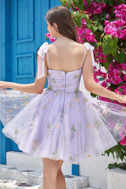 Lavender Spaghetti Straps Short Homecoming Dress with Embroidery