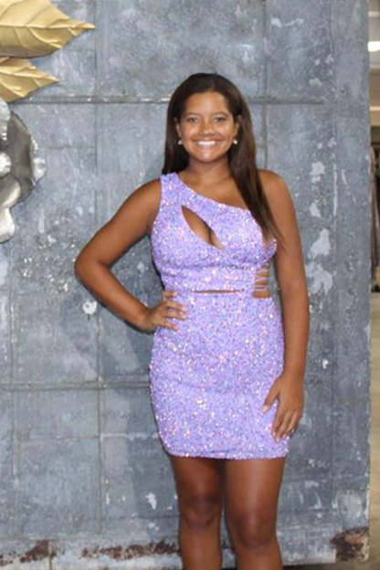 Sparkly Purple One Shoulder Cut Out Sequins Tight Short Homecoming Dress