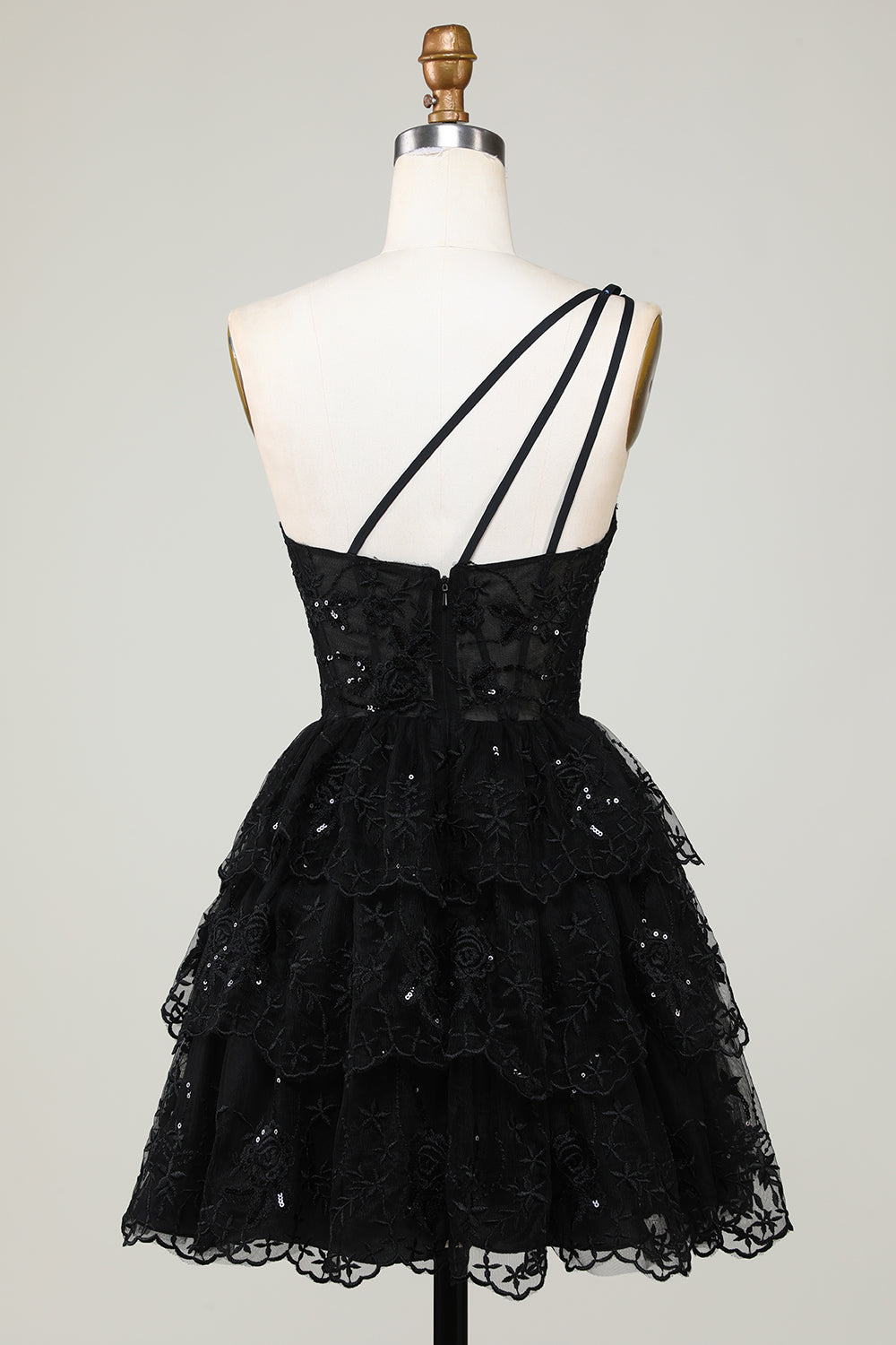 Sparkly Black Tiered Lace One Shoulder Short Homecoming Dress