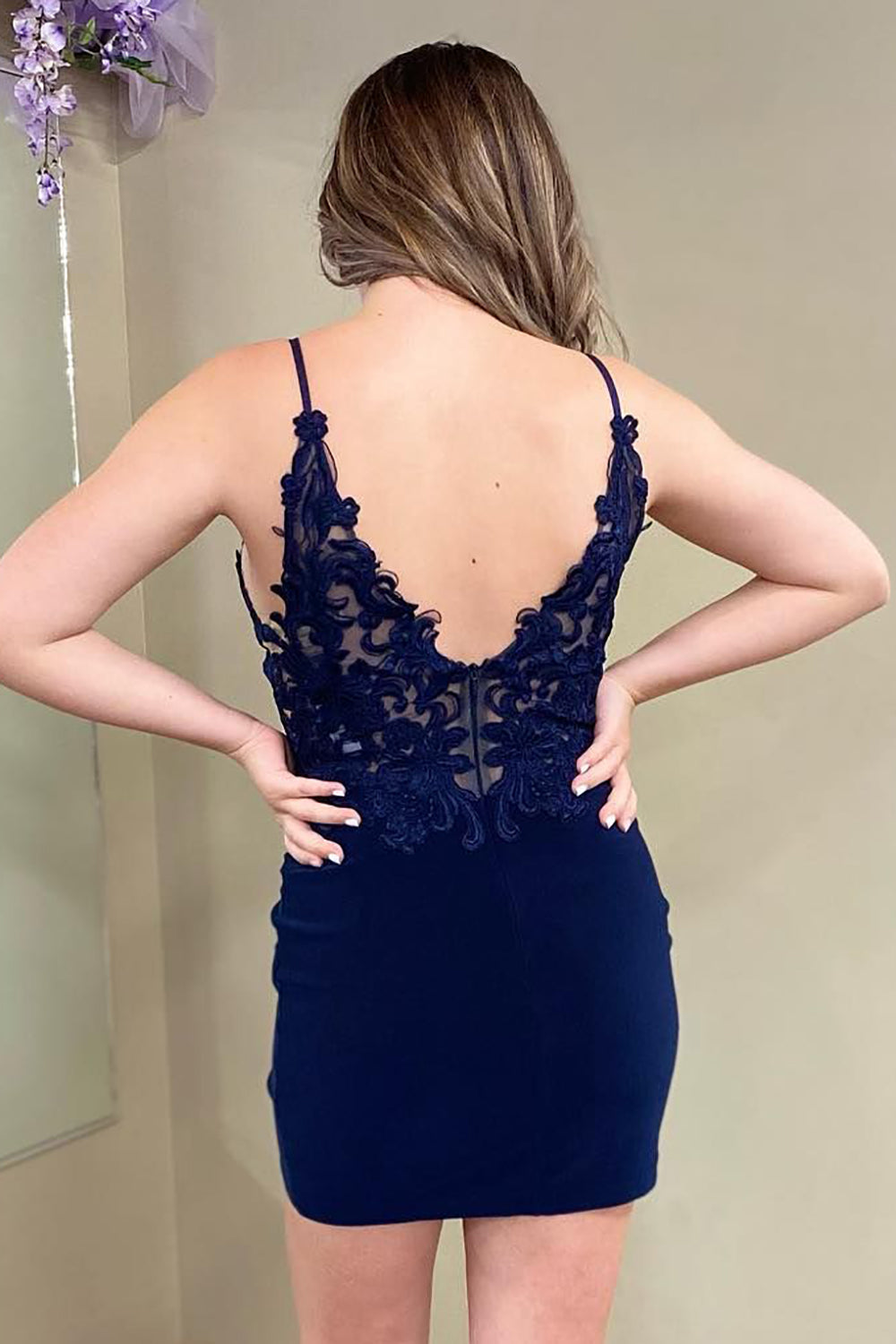 Navy Spaghetti Straps Tight Short Homecoming Dress with Lace