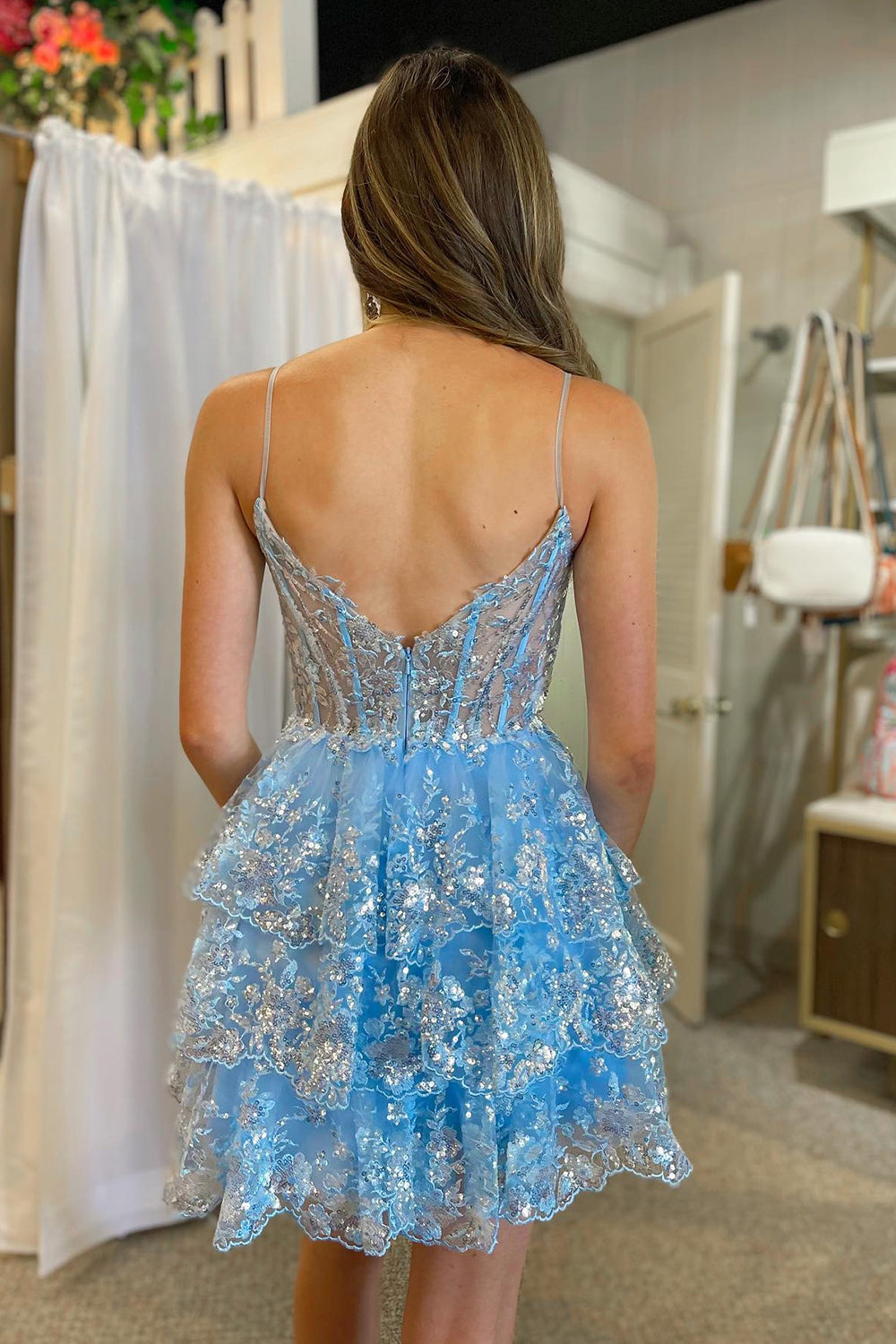 Sparkly Blue Corset Top Spaghetti Straps A-Line Lace Short Homecoming Dress