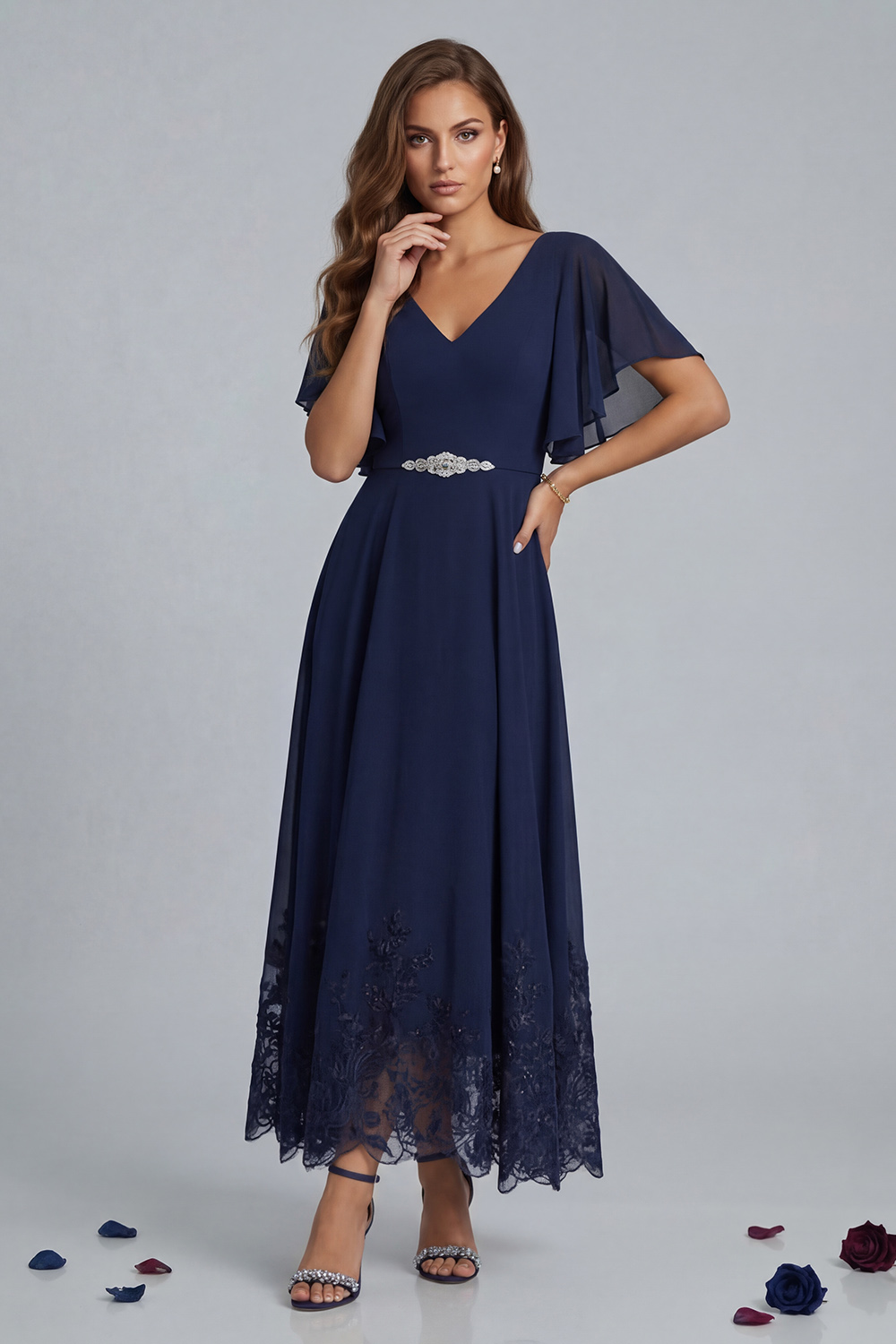 Navy V-Neck A Line Tea-Length Mother of the Bride Dress with Lace