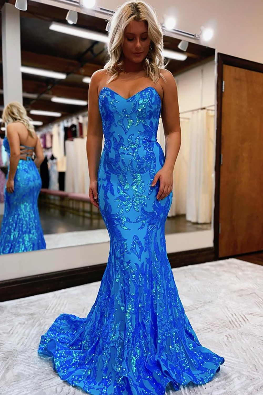 Sparkly Blue Mermaid Sweetheart Lace-Up Back Prom Dress