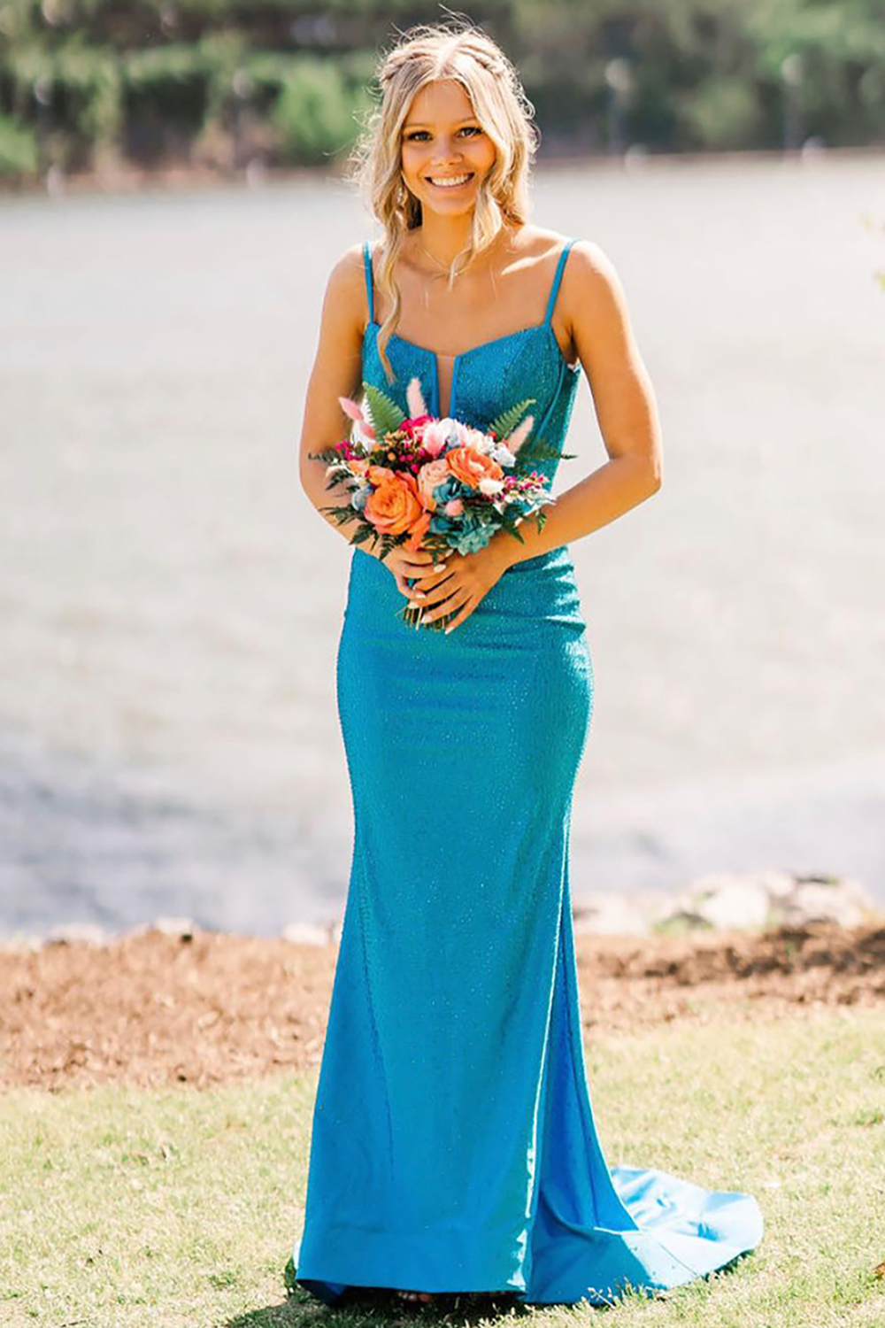 Sparkly Blue Corset Sequins Mermaid Long Prom Dress