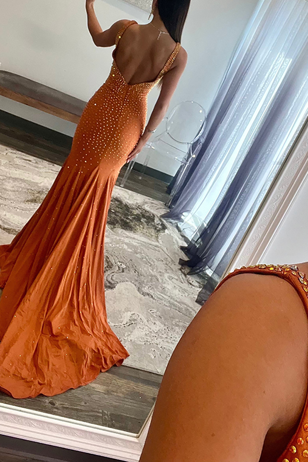 Sparkly Green Beaded Mermaid V-Neck Backless Long Prom Dress