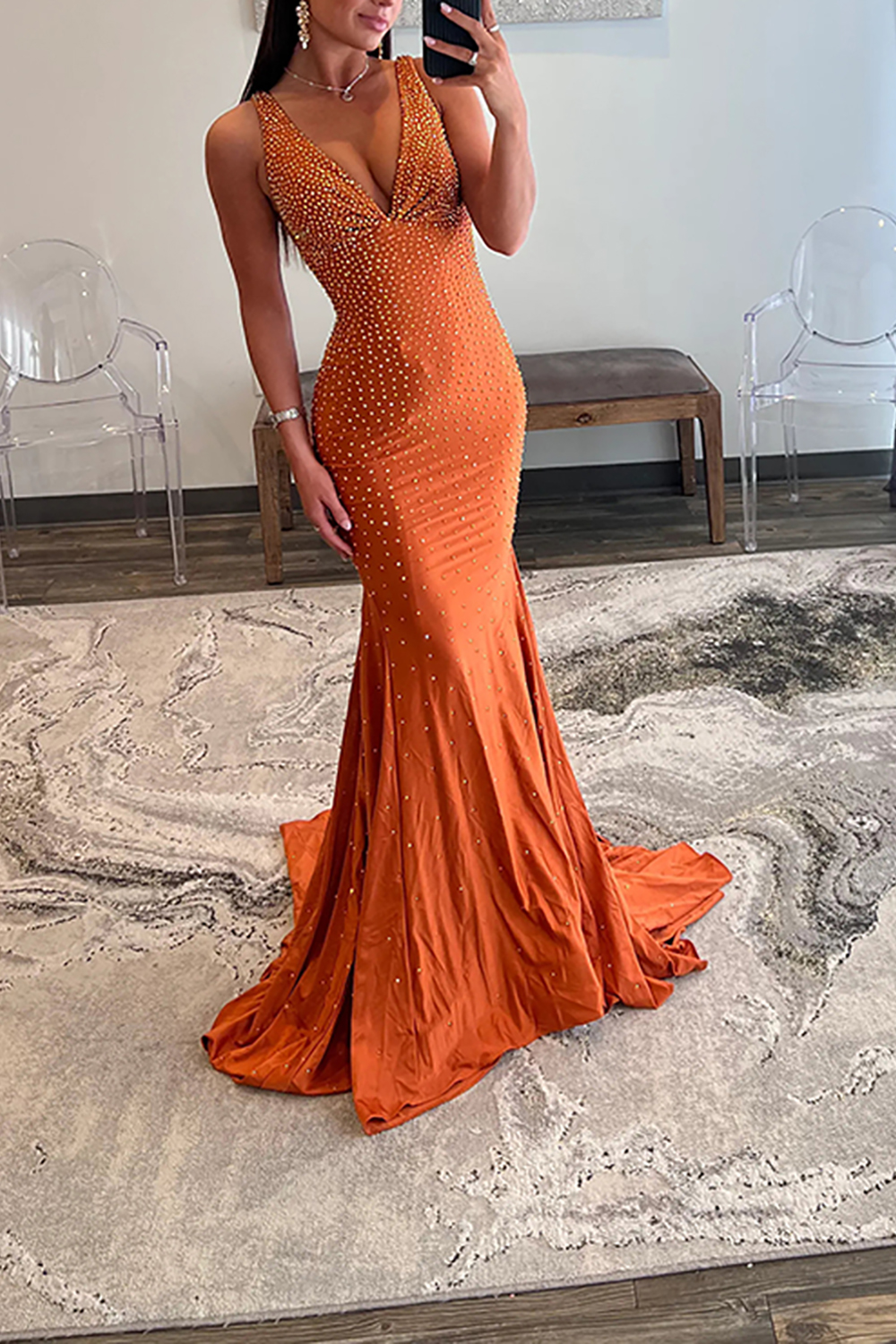 Sparkly Green Beaded Mermaid V-Neck Backless Long Prom Dress