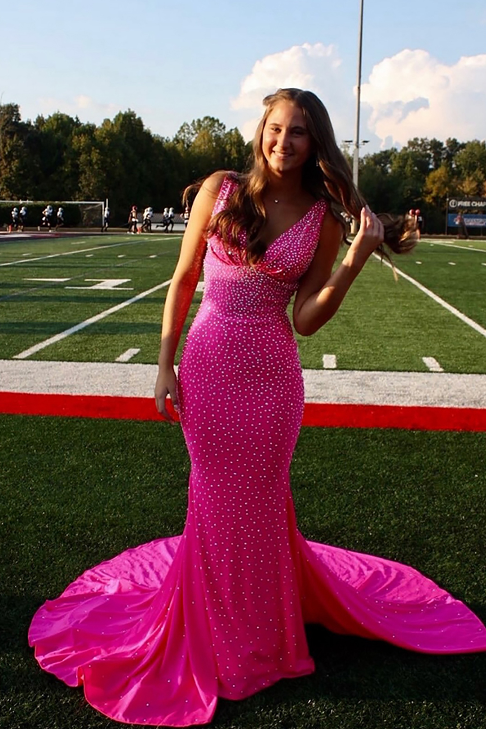 Sparkly Green Beaded Mermaid V-Neck Backless Long Prom Dress