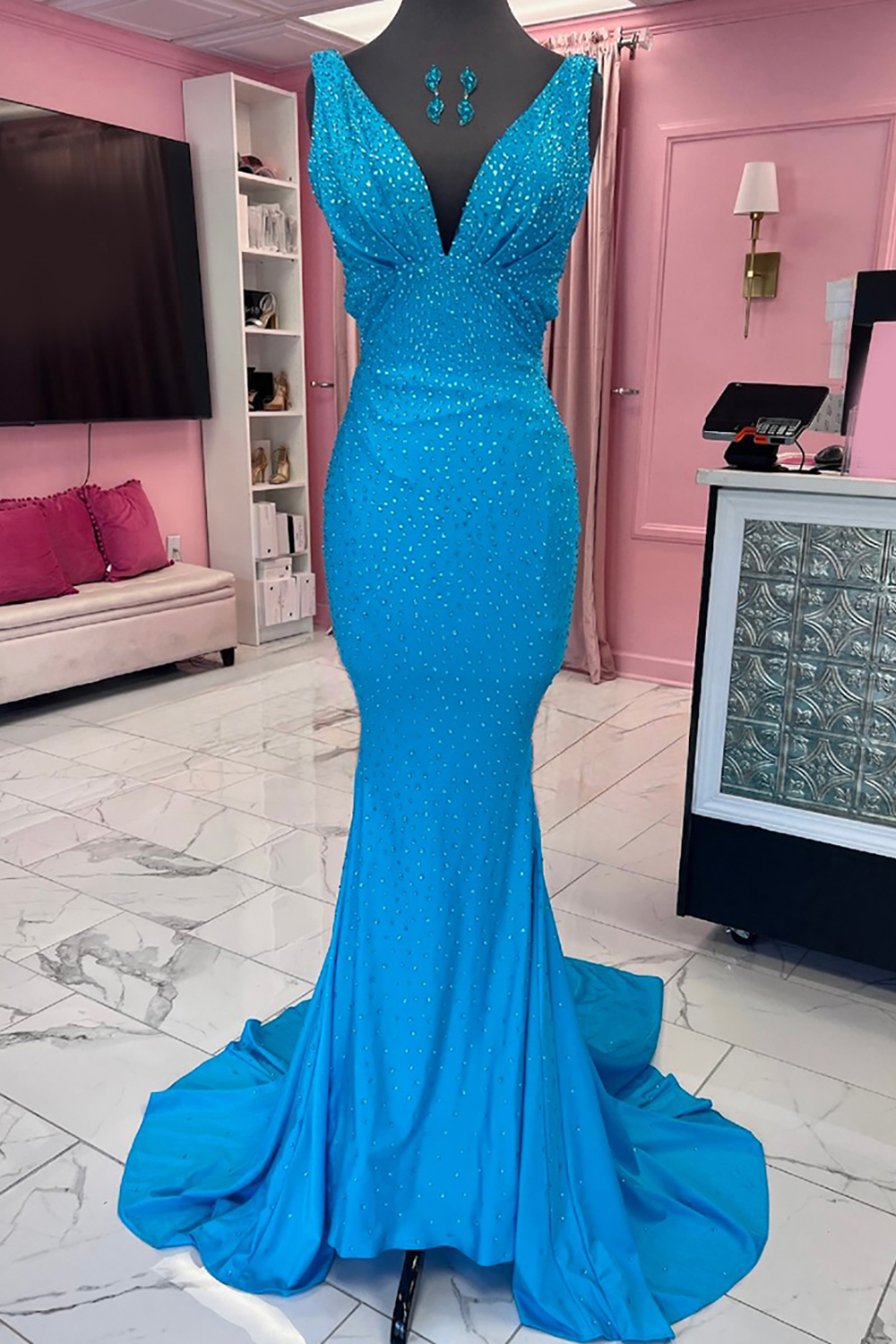 Sparkly Green Beaded Mermaid V-Neck Backless Long Prom Dress