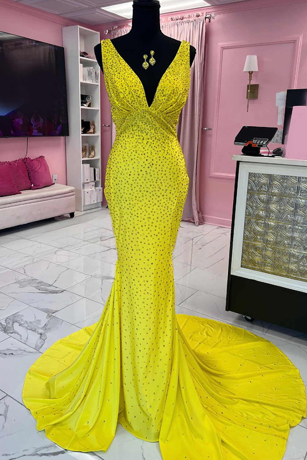 Sparkly Green Beaded Mermaid V-Neck Backless Long Prom Dress