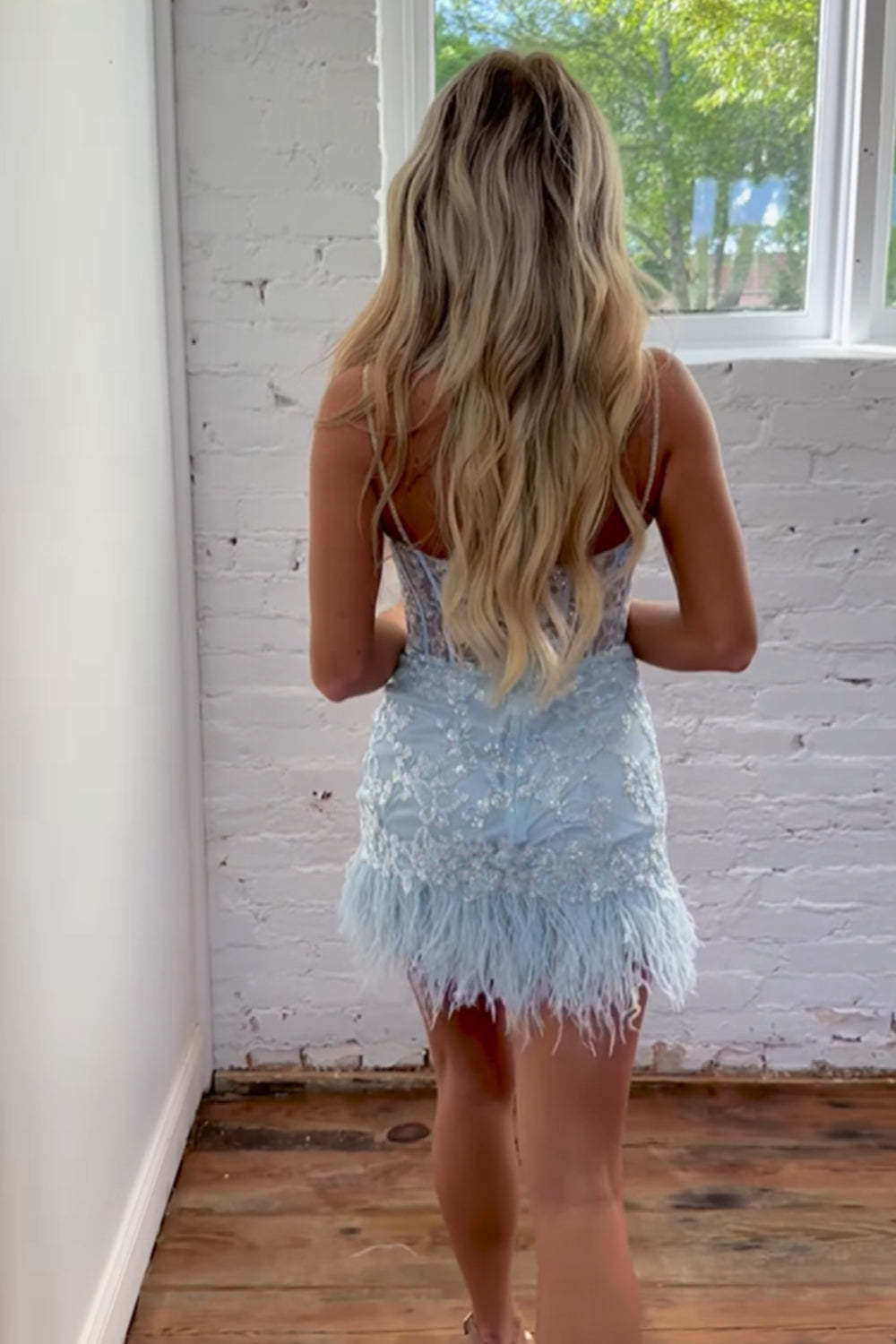 Light Blue Corset Lace Tight Short Homecoming Dress with Feathers