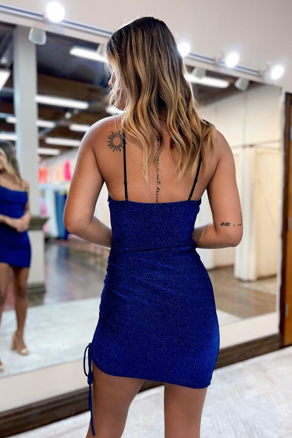 Glitter Royal Blue Spaghetti Straps Tight Short Homecoming Dress with String