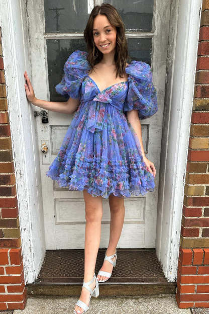 Blue Puff Sleeves A-Line Floral Short Homecoming Dress with Ruffles