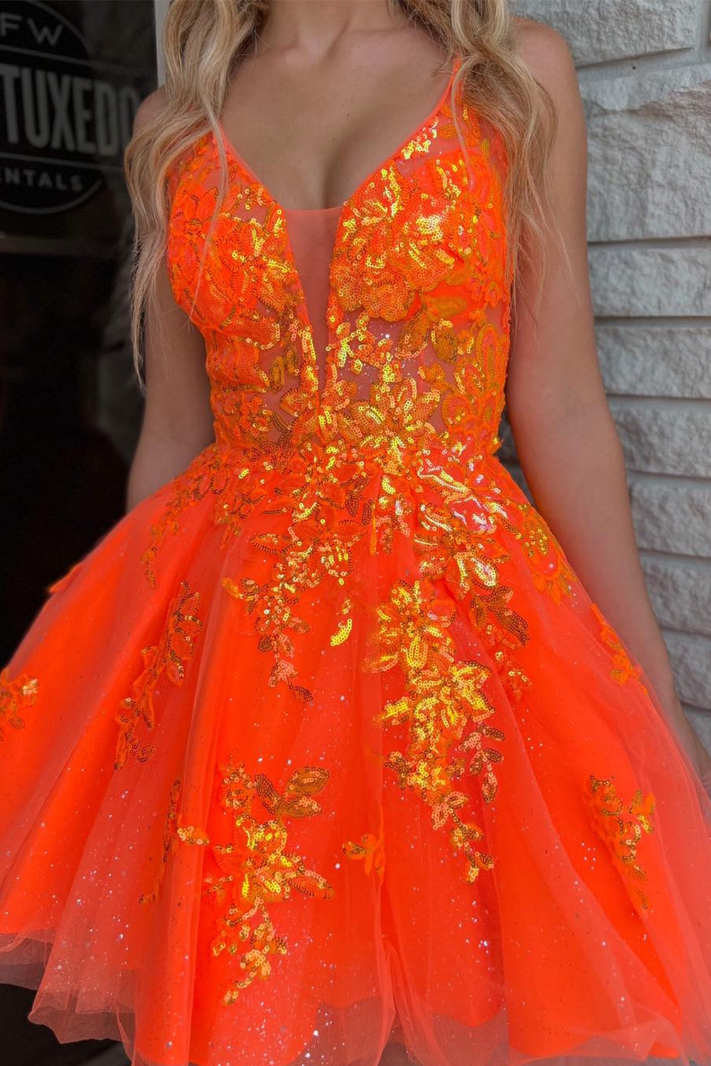 Sparkly Orange A-Line Spaghetti Straps Short Homecoming Dress with Sequins