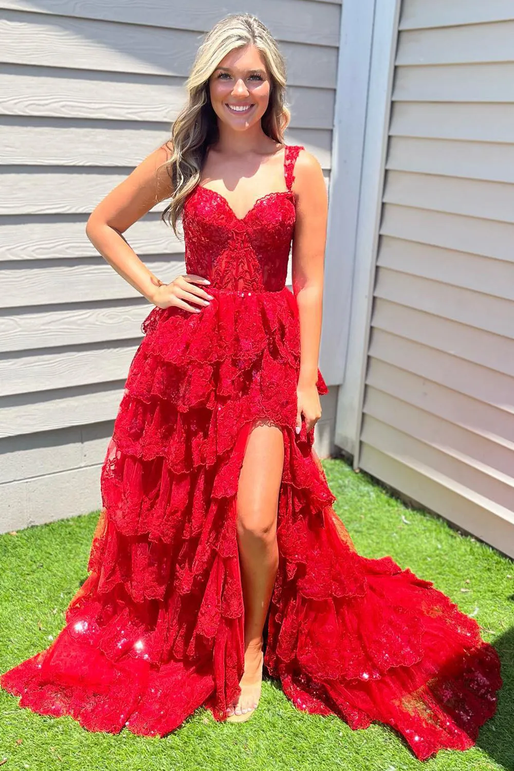 Sparkly Fuchsia Tiered Long Lace Prom Dress with Slit