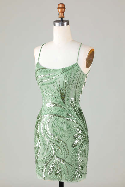 Glitter Green Sequins Tight Beaded Short Homecoming Dress
