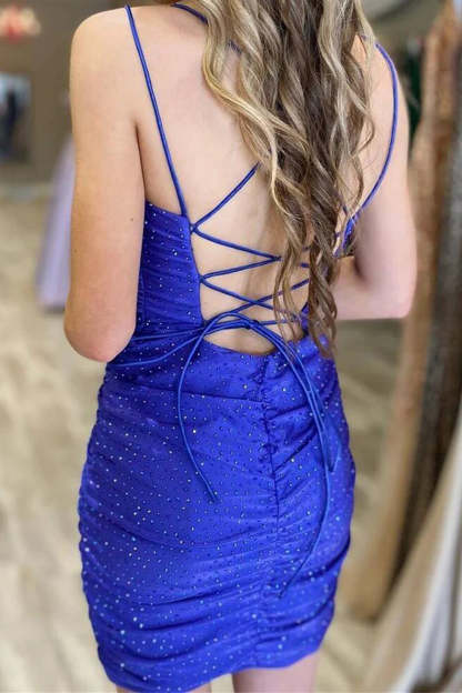 Sparkly Navy Sequined Lace-Up Back Tight Homecoming Dress