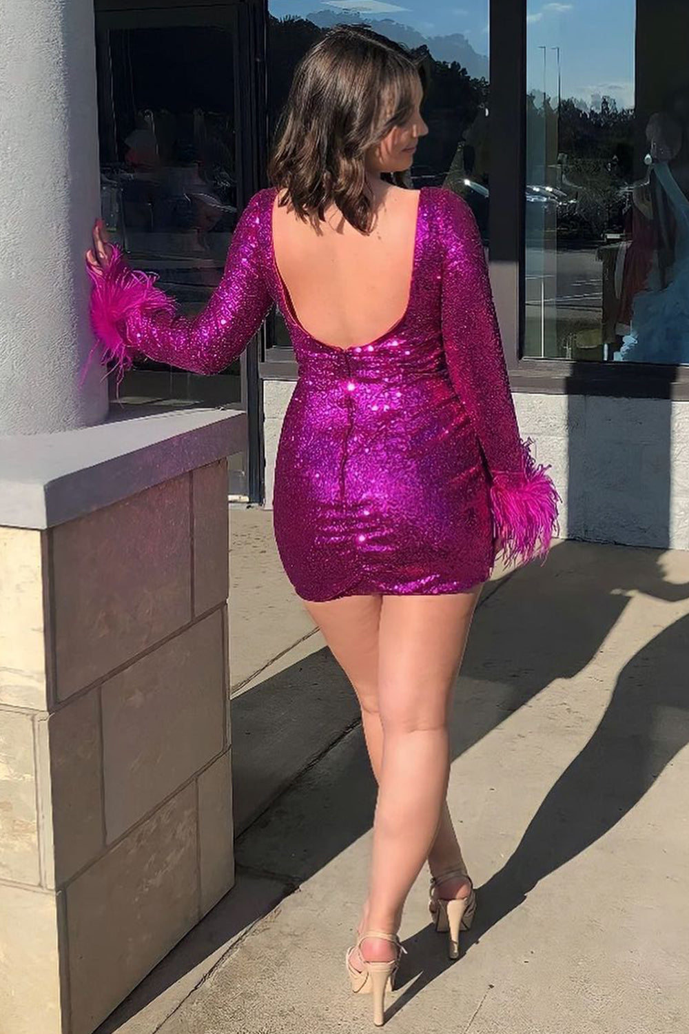 Sparkly Fuchsia Sequined Long Sleeves Tight Short Homecoming Dress with Feathers