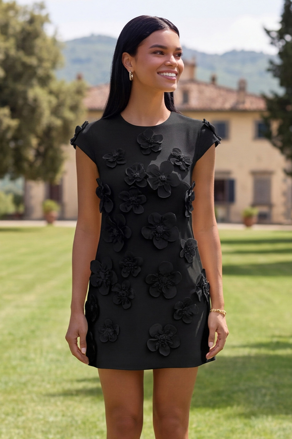 Butter Ivory Floral Round Neck Short Homecoming Dress with Sleeves