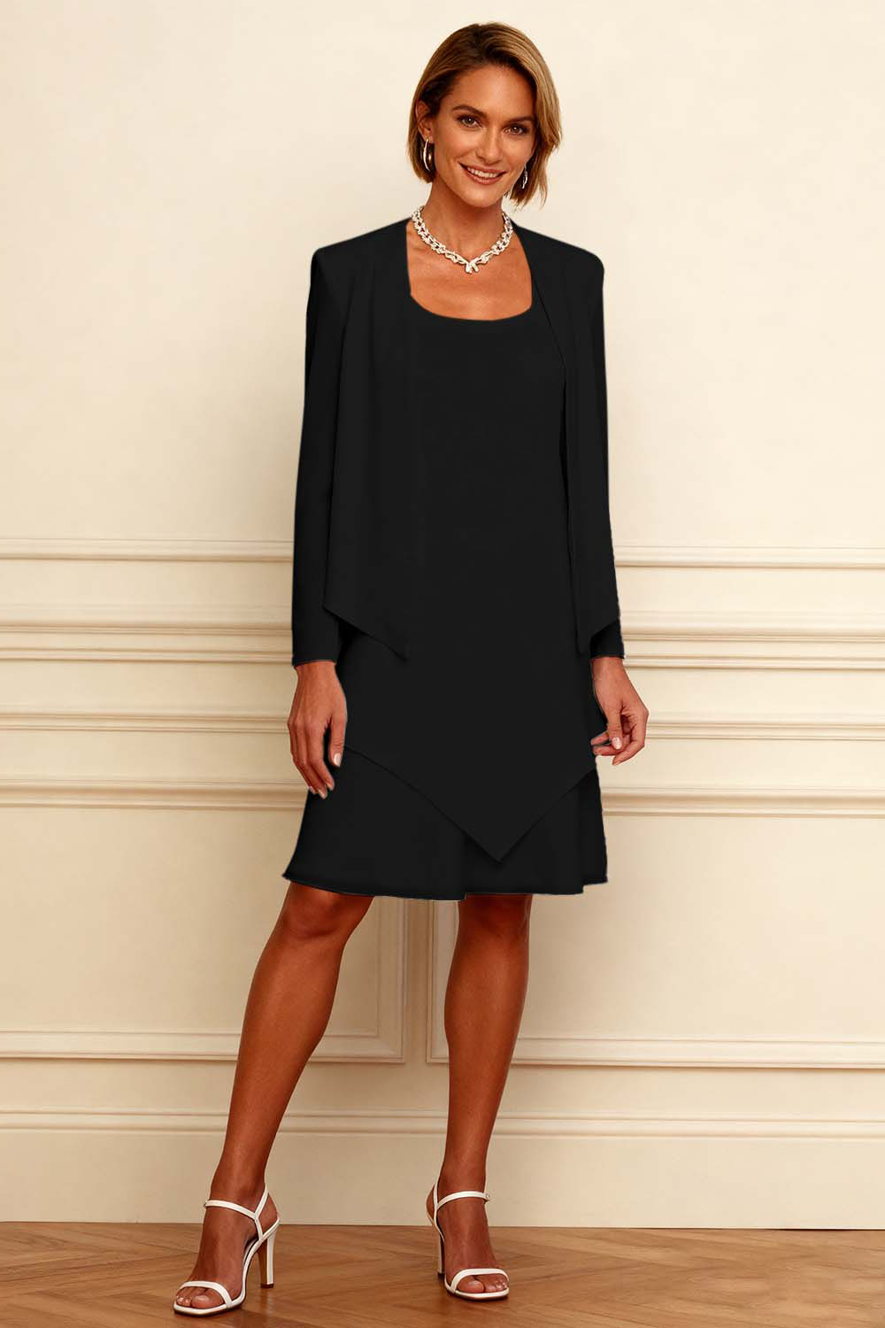 Ivory Scoop Neck Chiffon Knee-Length 2-Piece Mother of the Bride Dress with Jacket