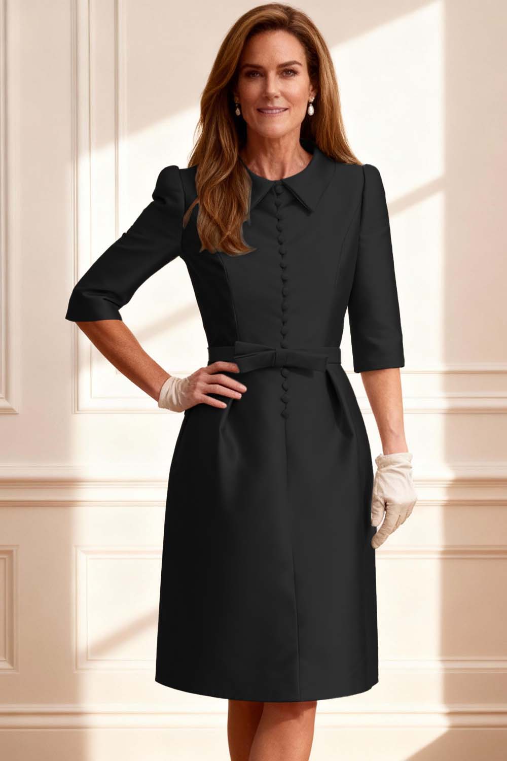 Silver Satin Bodycon Knee-Length Mother of the Bride Dress with Bow