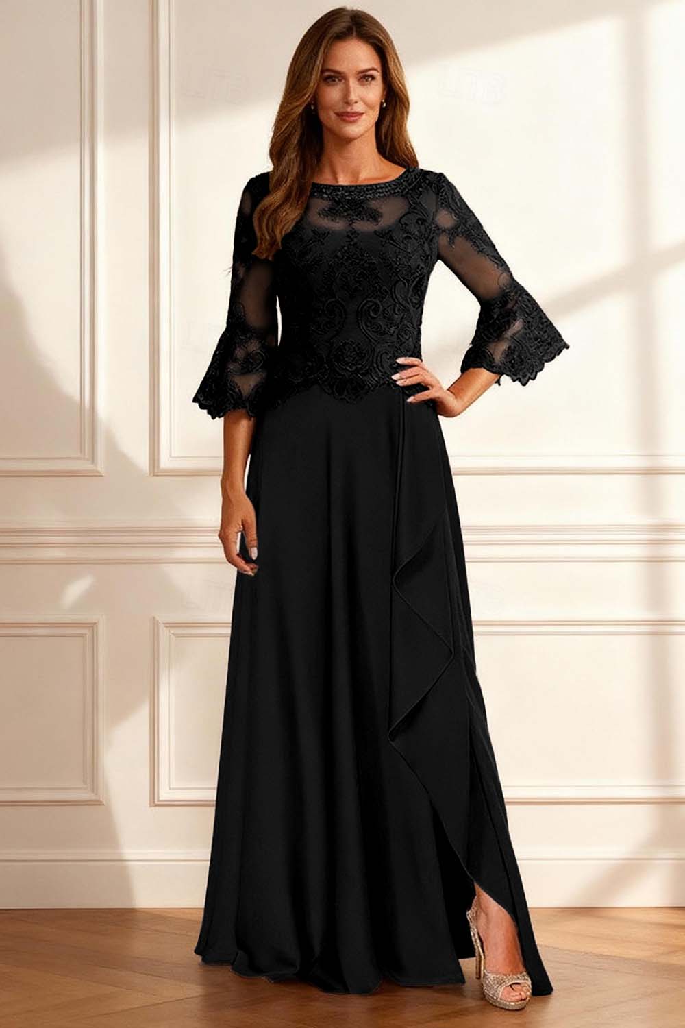 Sparkly Coffee Beaded Ruffled A Line Floor-Length Mother of the Bride Dress with Lace