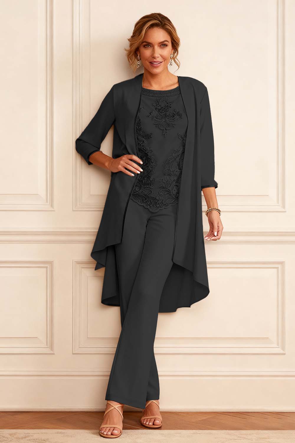 Apricot Round Neck 3 Piece Mother of the Bride Pant Suits with Jacket