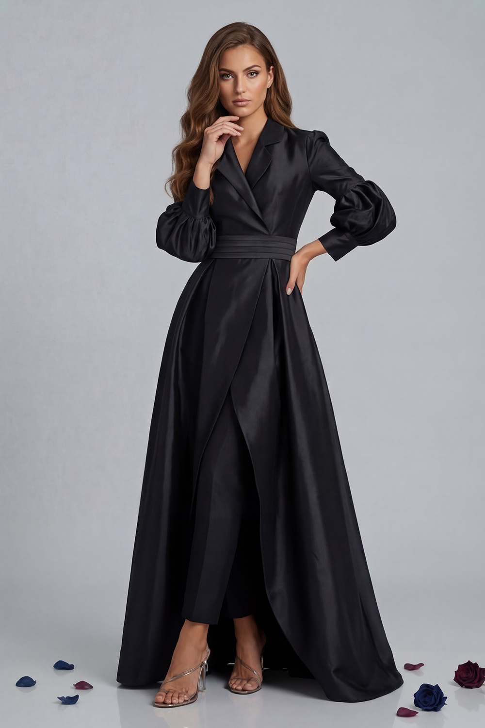 Olive Notched Lapel Puff Sleeves 2 Piece Mother of the Bride Pant Suits with Jacket