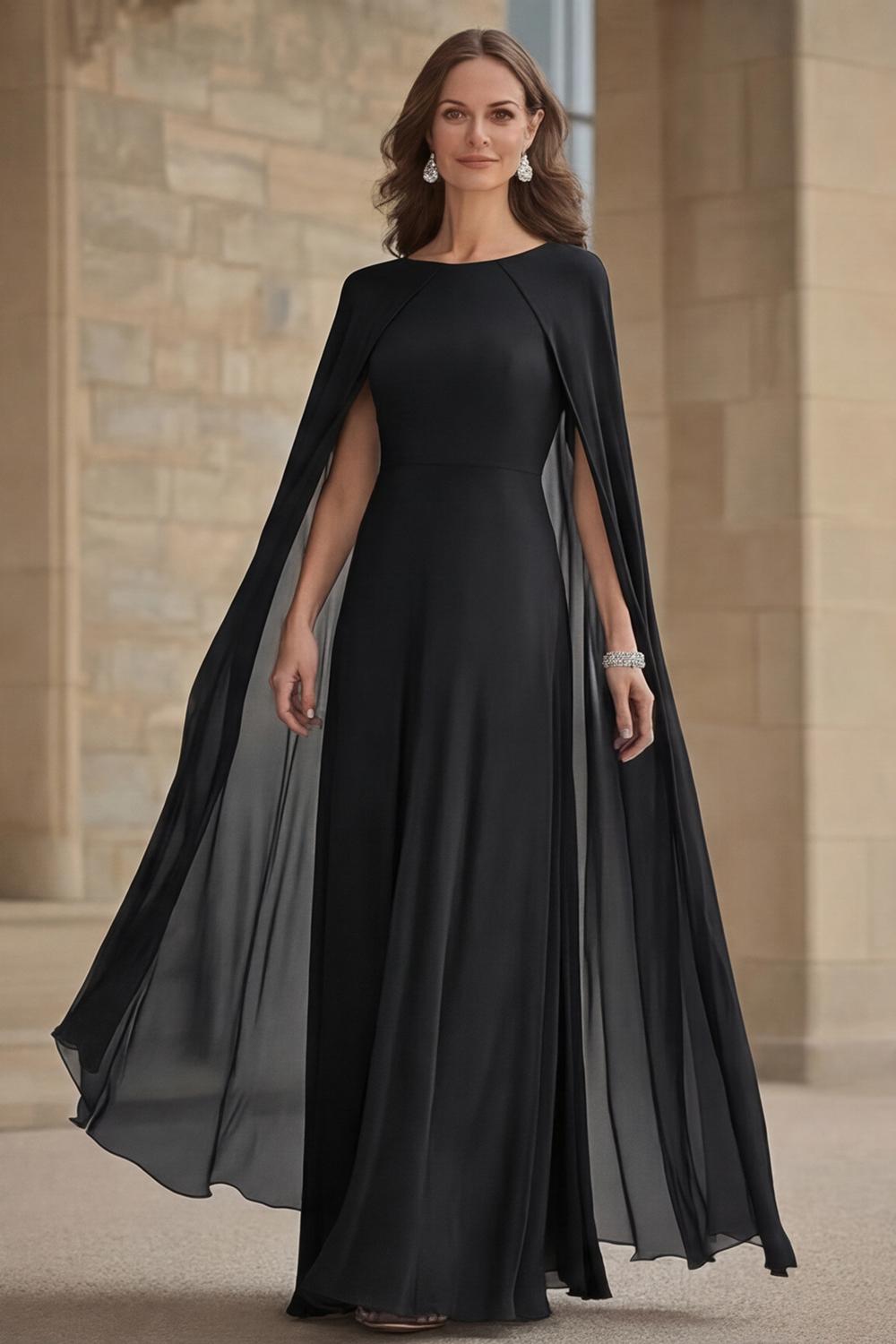 Scoop Neck Chiffon Navy Mother of the Bride Dress with Cape