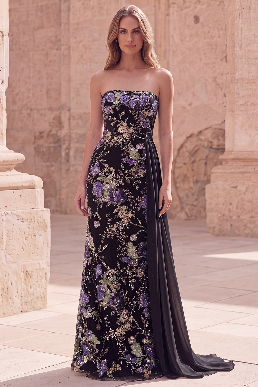 Sparkly Pink Beaded Floral Mermaid Long Formal Dress with Side Cape