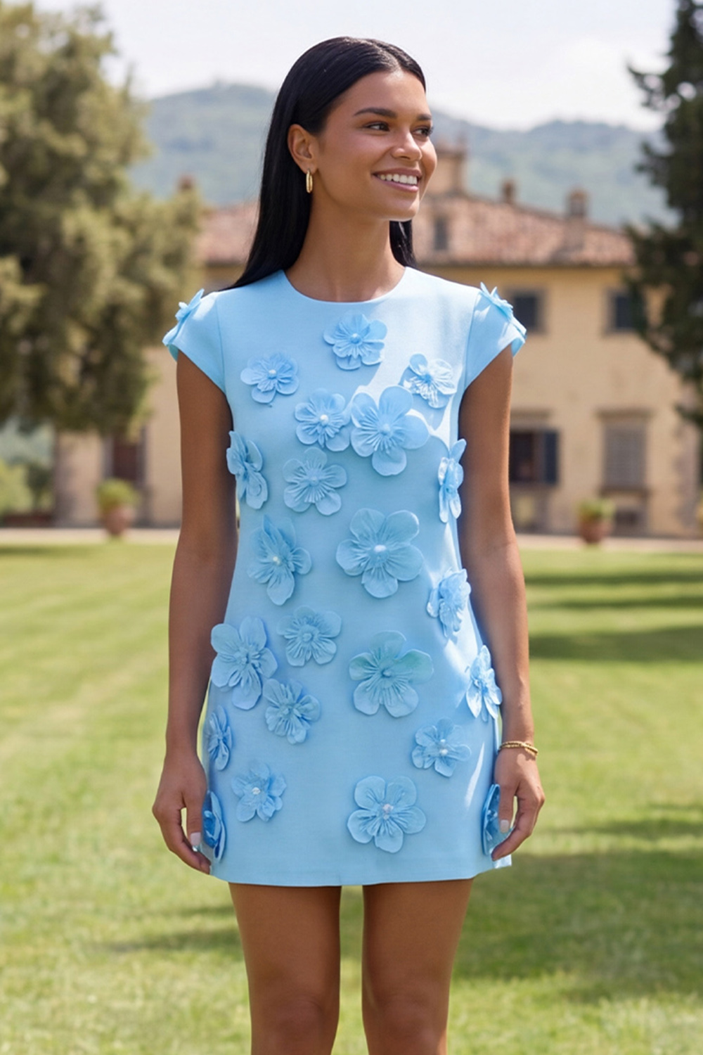 Butter Ivory Floral Round Neck Short Homecoming Dress with Sleeves