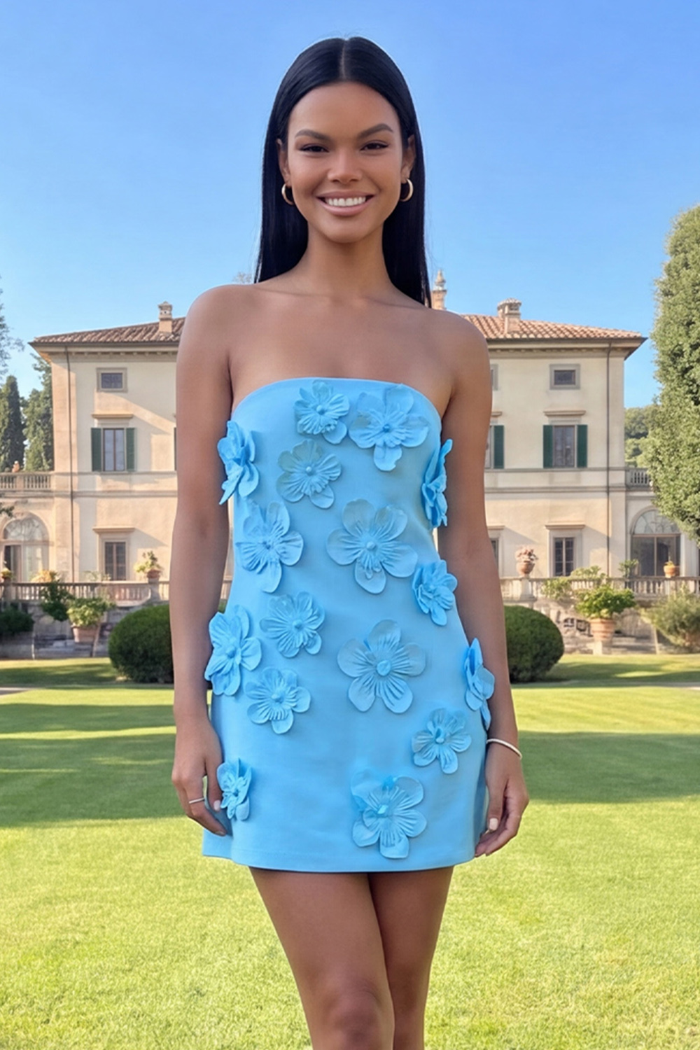 Yellow Floral Strapless Short Homecoming Dress