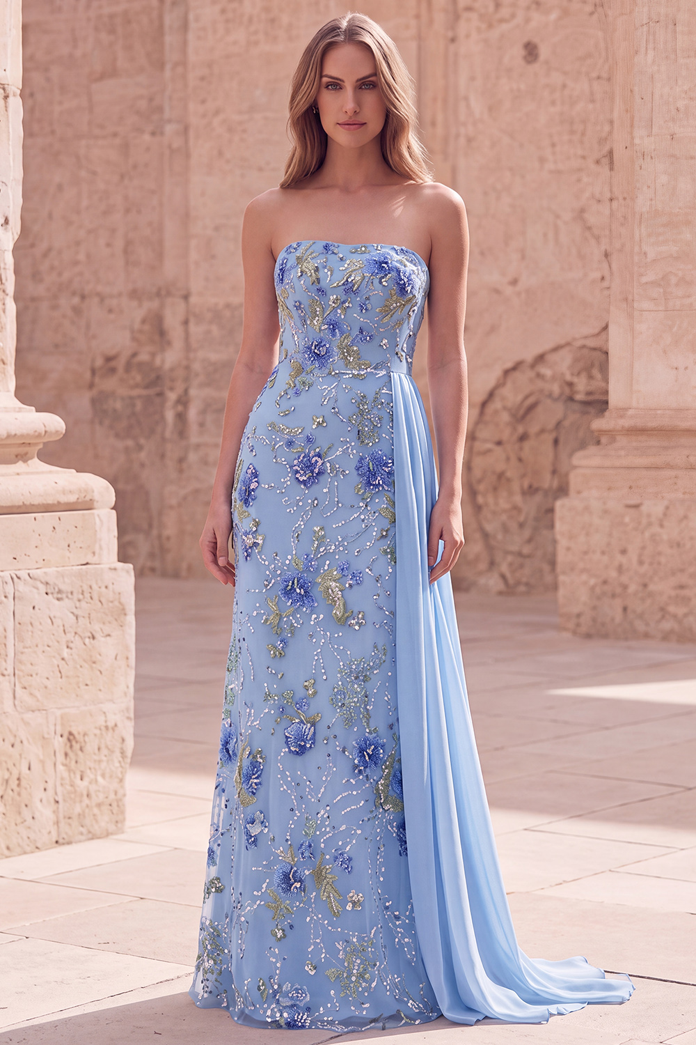 Sparkly Pink Beaded Floral Mermaid Long Formal Dress with Side Cape