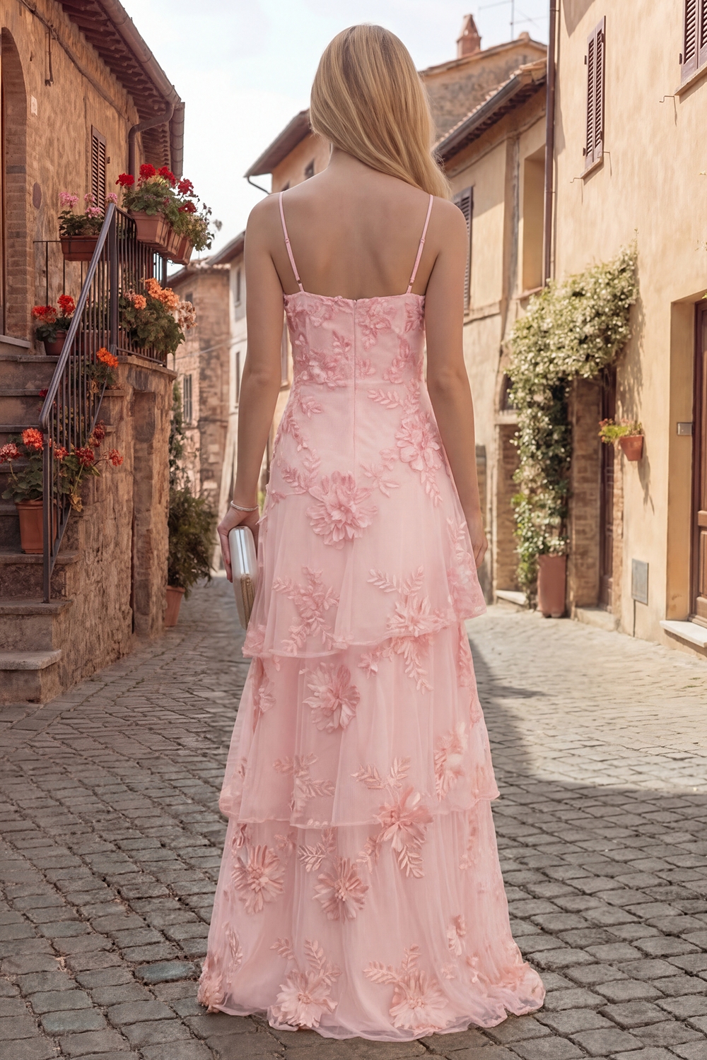 Yellow Tiered Ruffled Spaghetti Straps Floral Long A Line Prom Dress