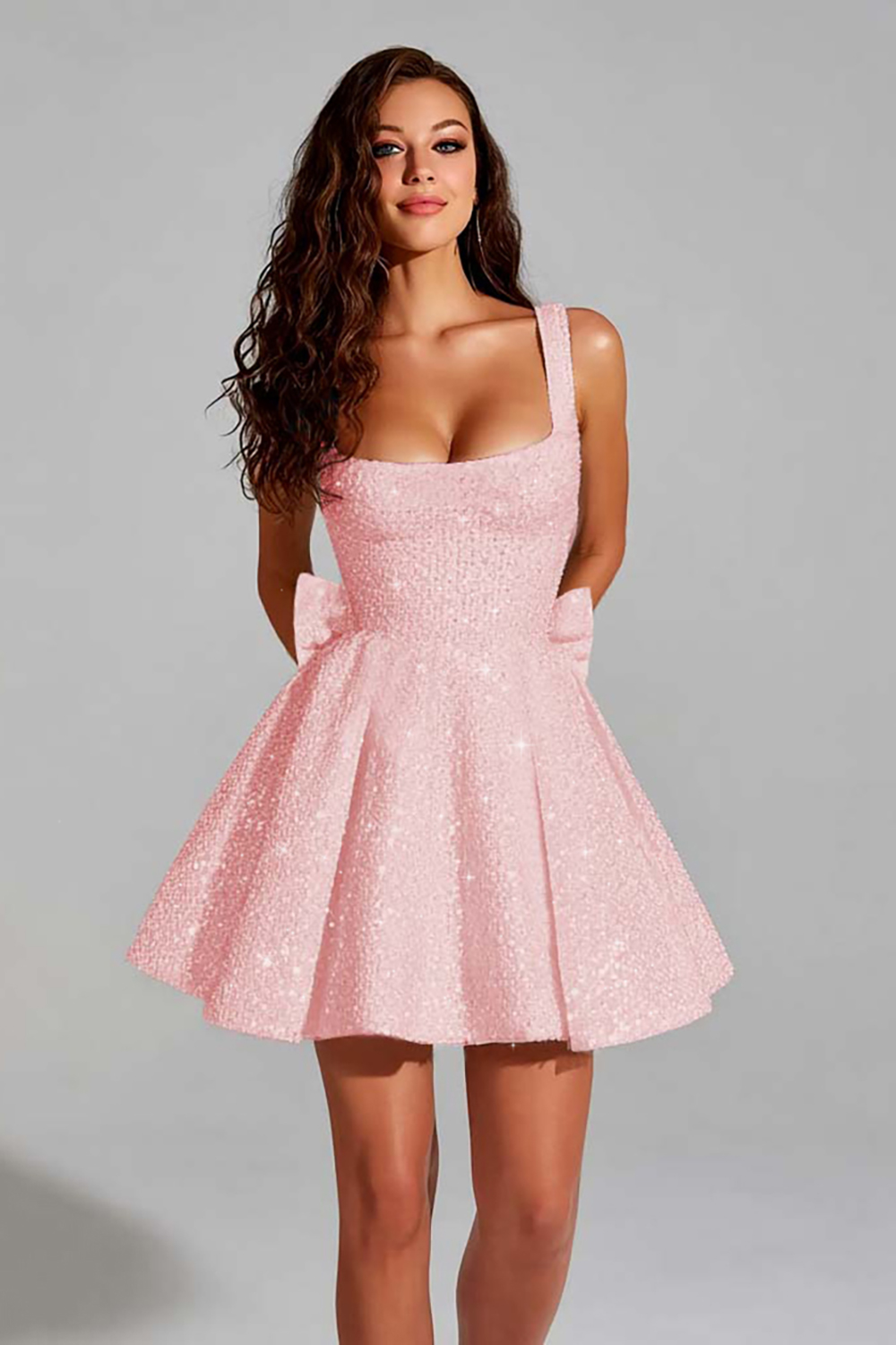 Sparkly Ivory Sequin A-Line Square Neck Short Homecoming Dress with Bow
