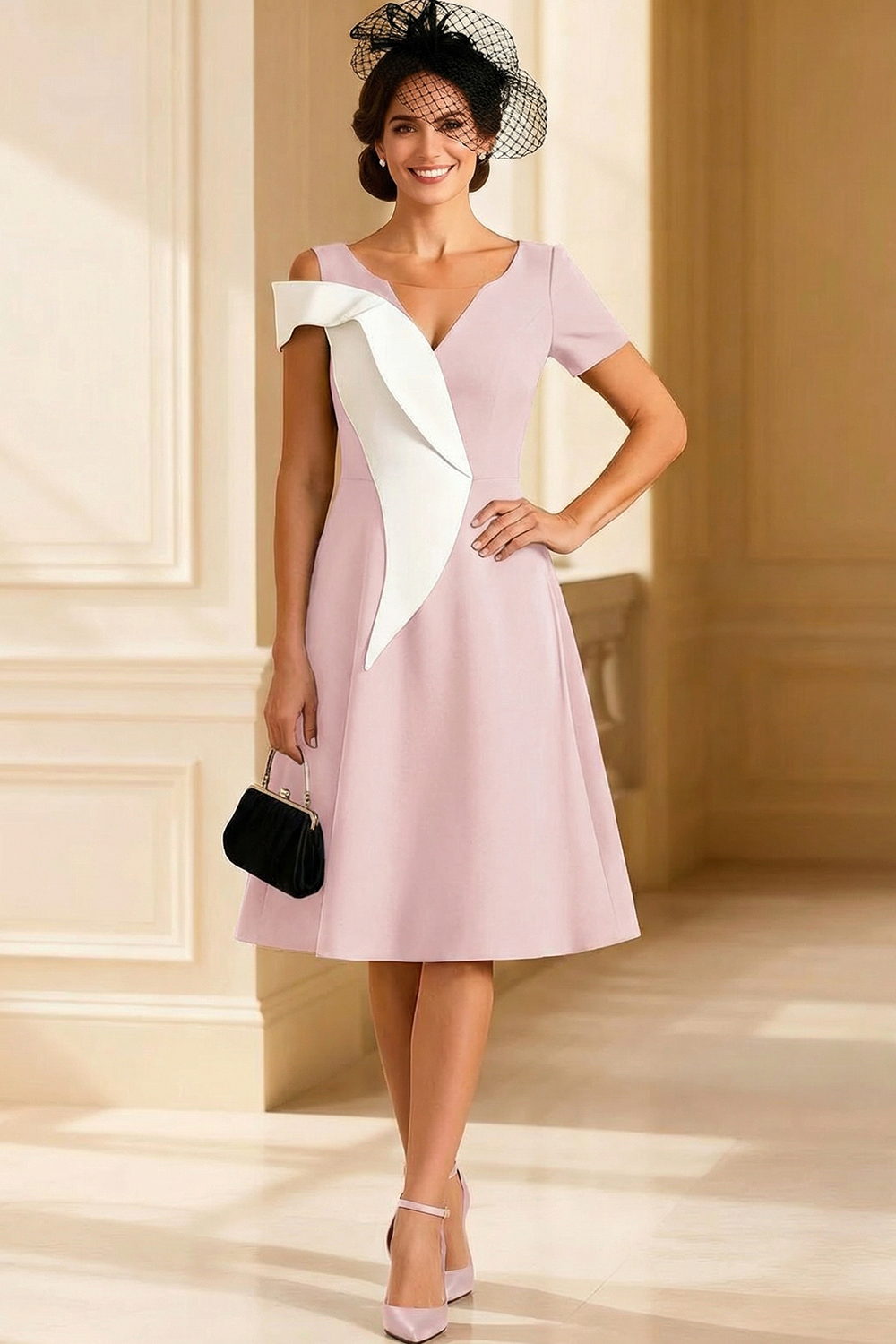 V Neck Black and White A Line Midi Mother of the Bride Dress