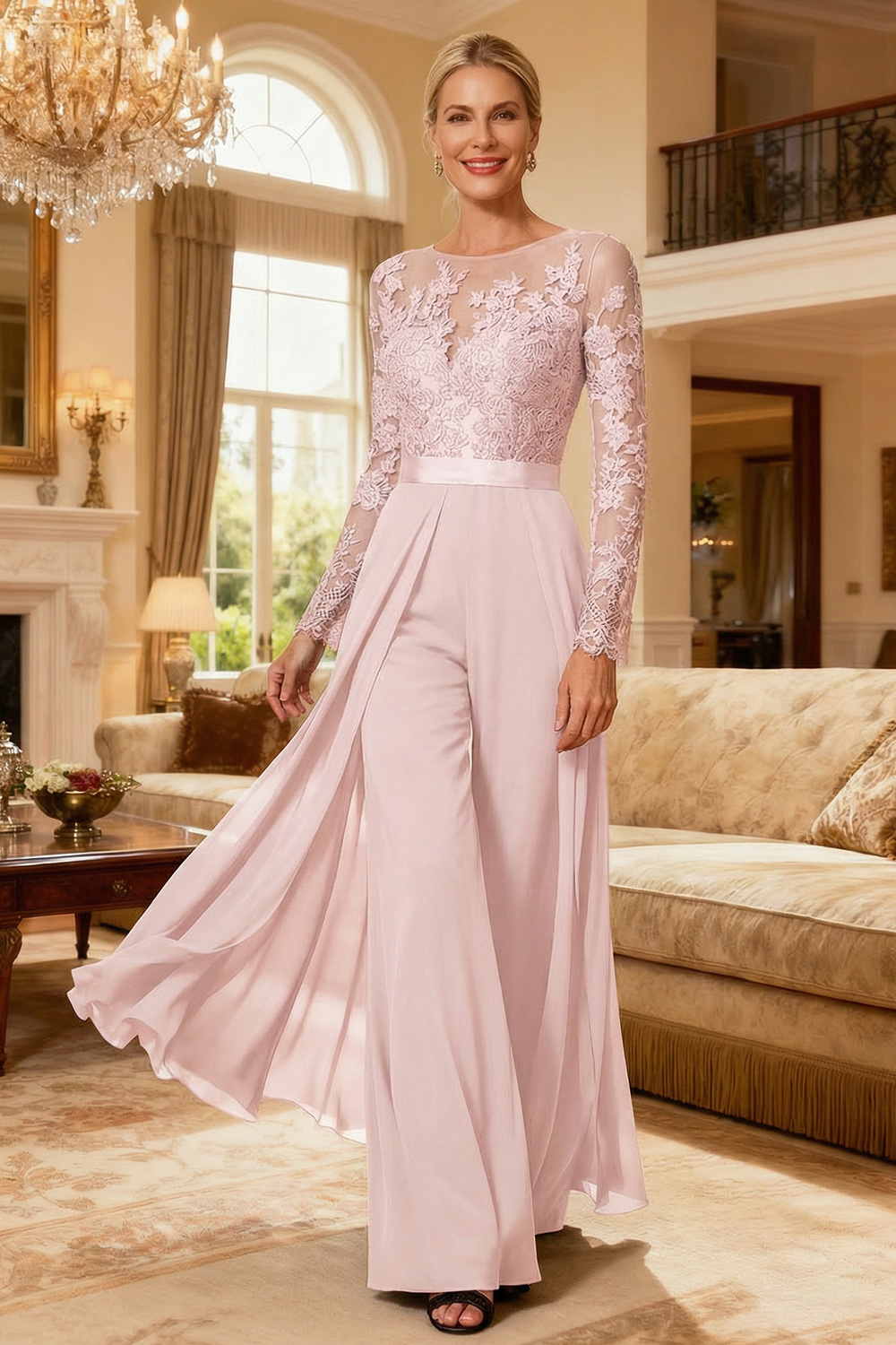 Black Chiffon Illusion Neck Floor-Length Mother Of The Bride Jumpsuit with Cape