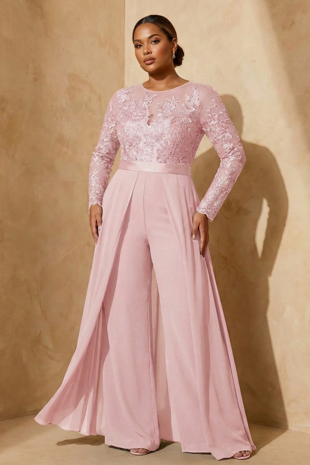 Black Chiffon Illusion Neck Floor-Length Mother Of The Bride Jumpsuit with Cape