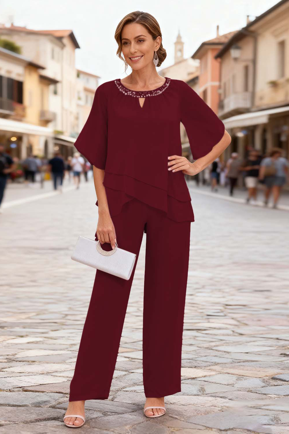 Sparkly Pink Chiffon Beaded 2-Piece Mother Of The Bride Pant Suits with Sleeves