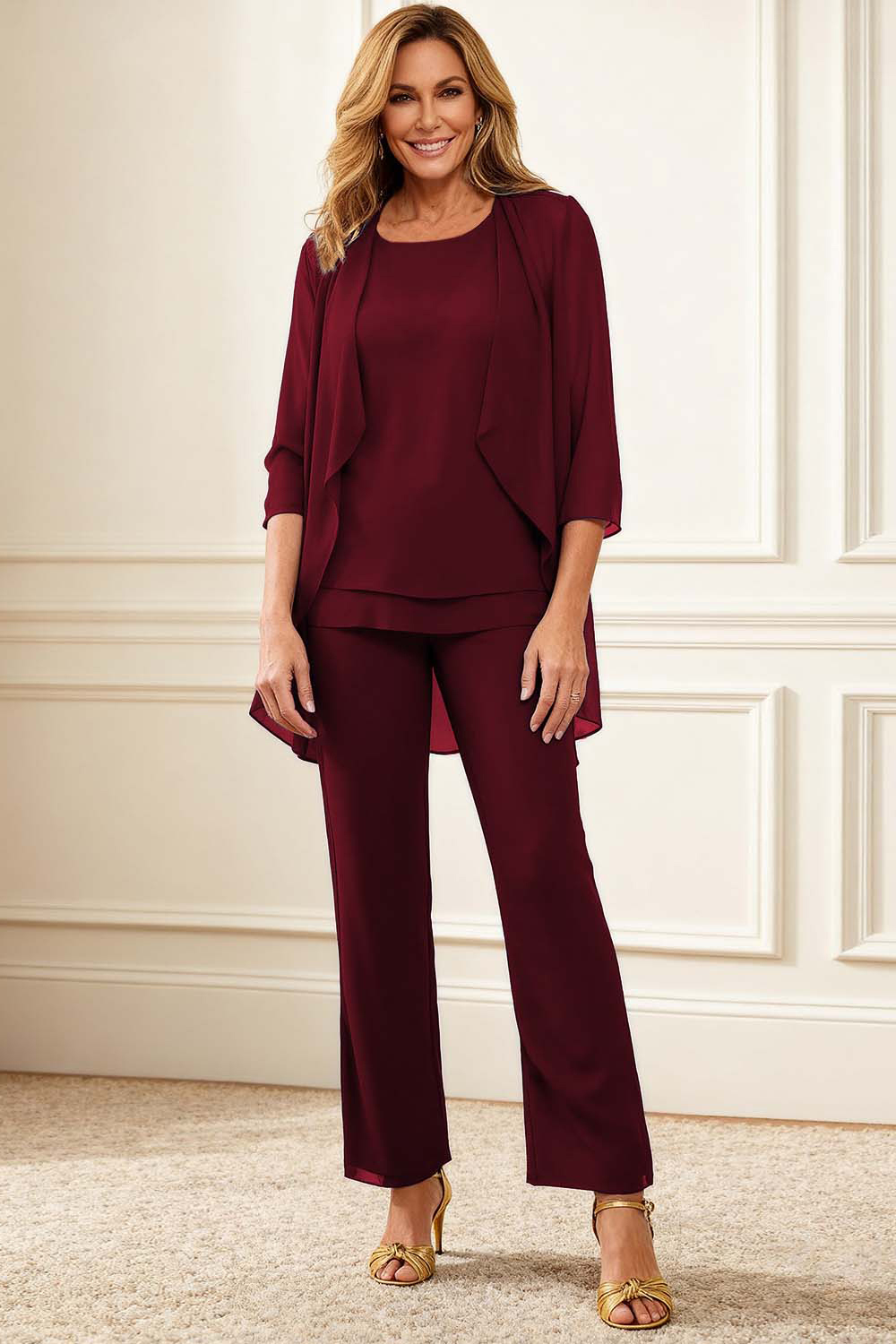 Dark Blue Round Neck Chiffon 3-Piece Mother of the Bride Pant Suits with Jacket