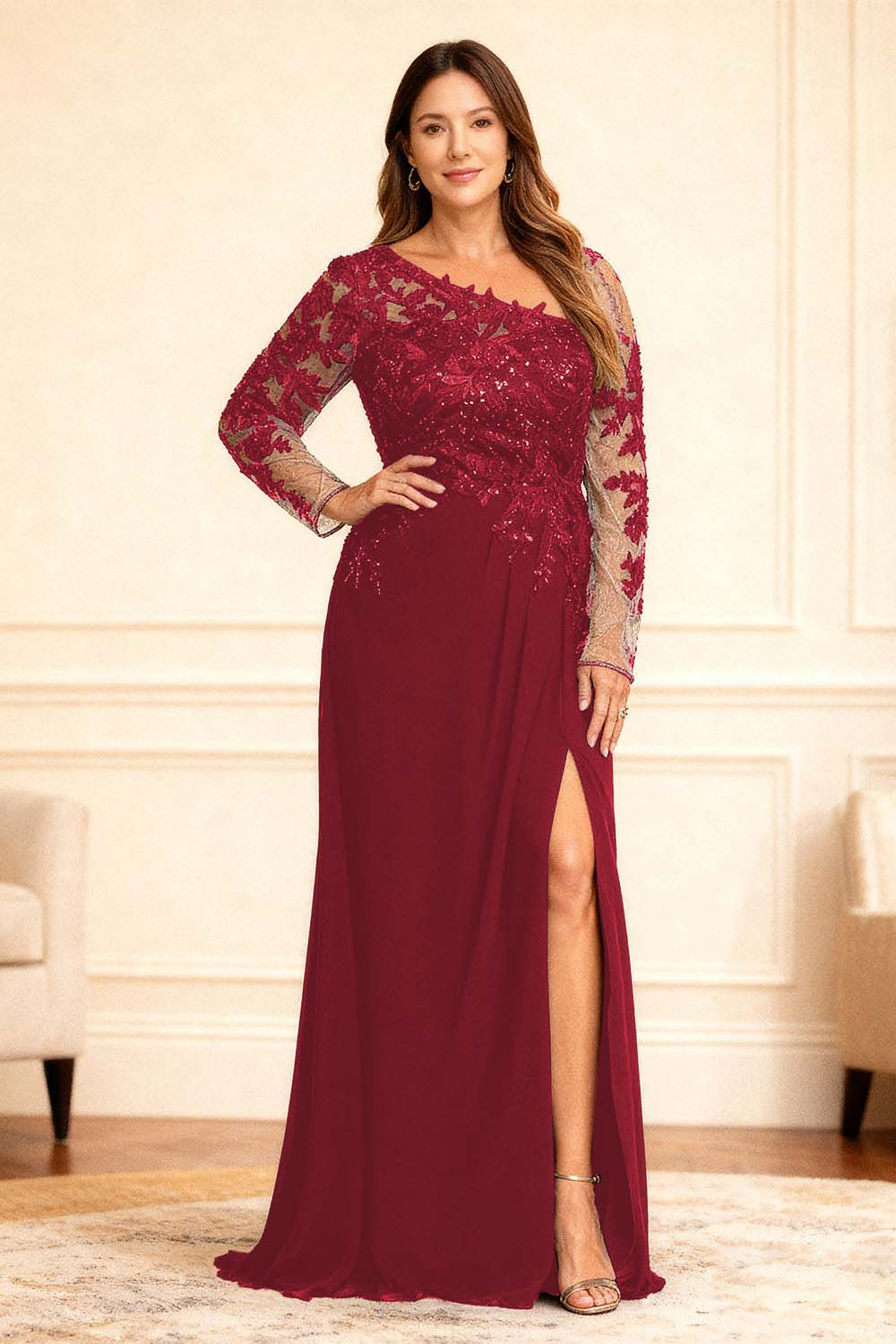 Sparkly Black One Shoulder Lace Floor-Length Plus Size Mother of the Bride Dress with Slit