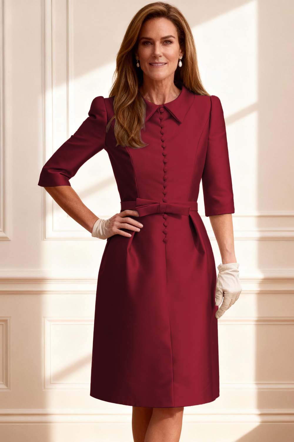 Silver Satin Bodycon Knee-Length Mother of the Bride Dress with Bow