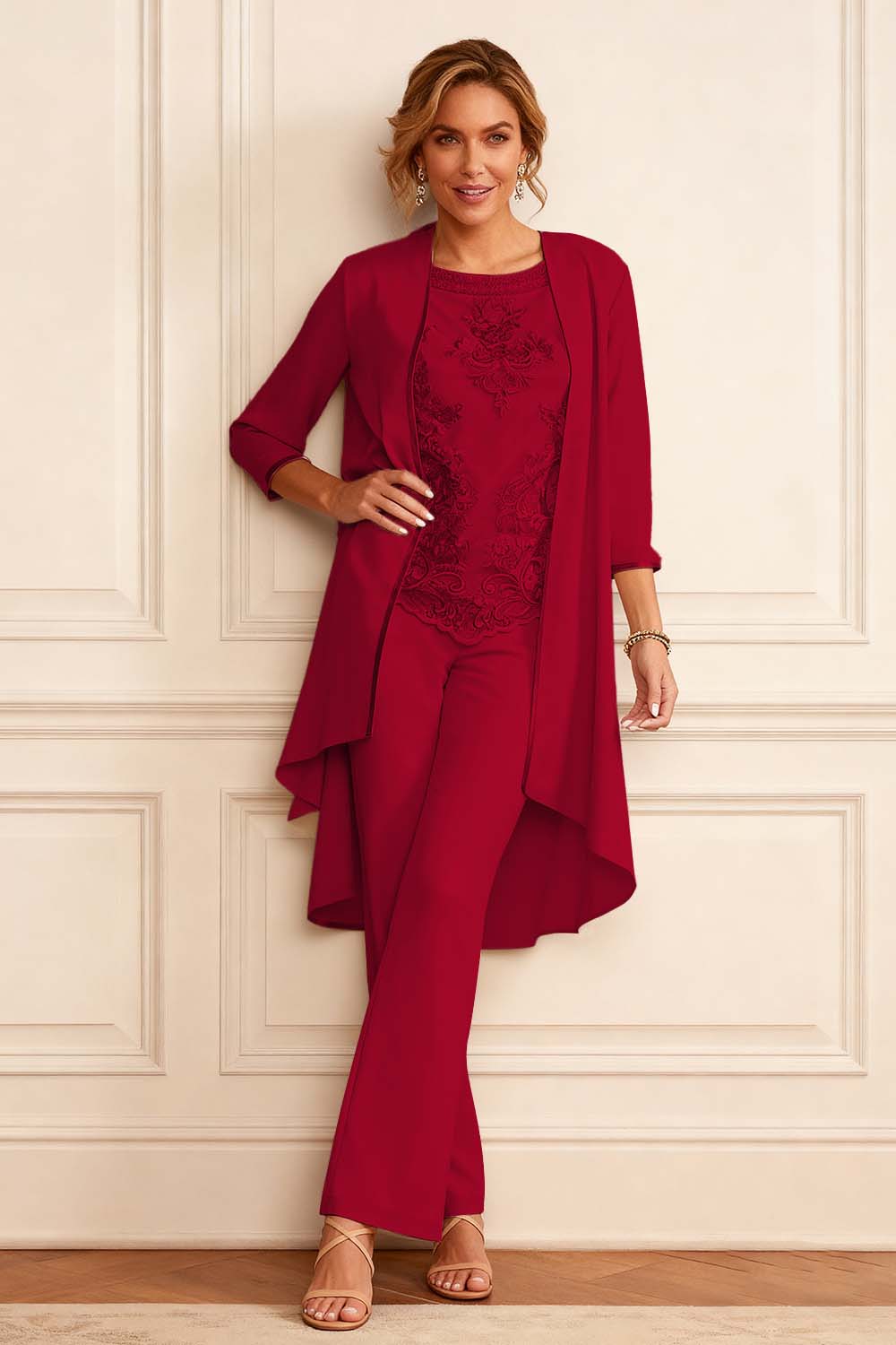 Apricot Round Neck 3 Piece Mother of the Bride Pant Suits with Jacket