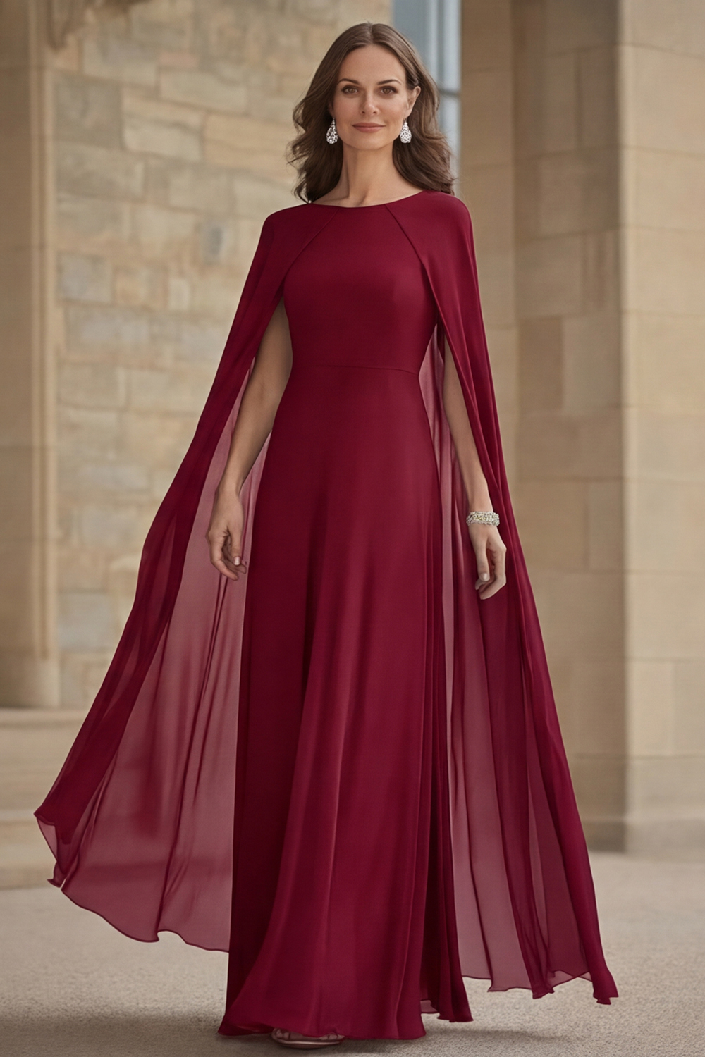 Scoop Neck Chiffon Navy Mother of the Bride Dress with Cape