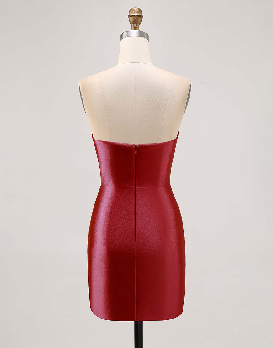 Sparkly Fuchsia Satin Strapless Short Tight Homecoming Dress with Rhinestones